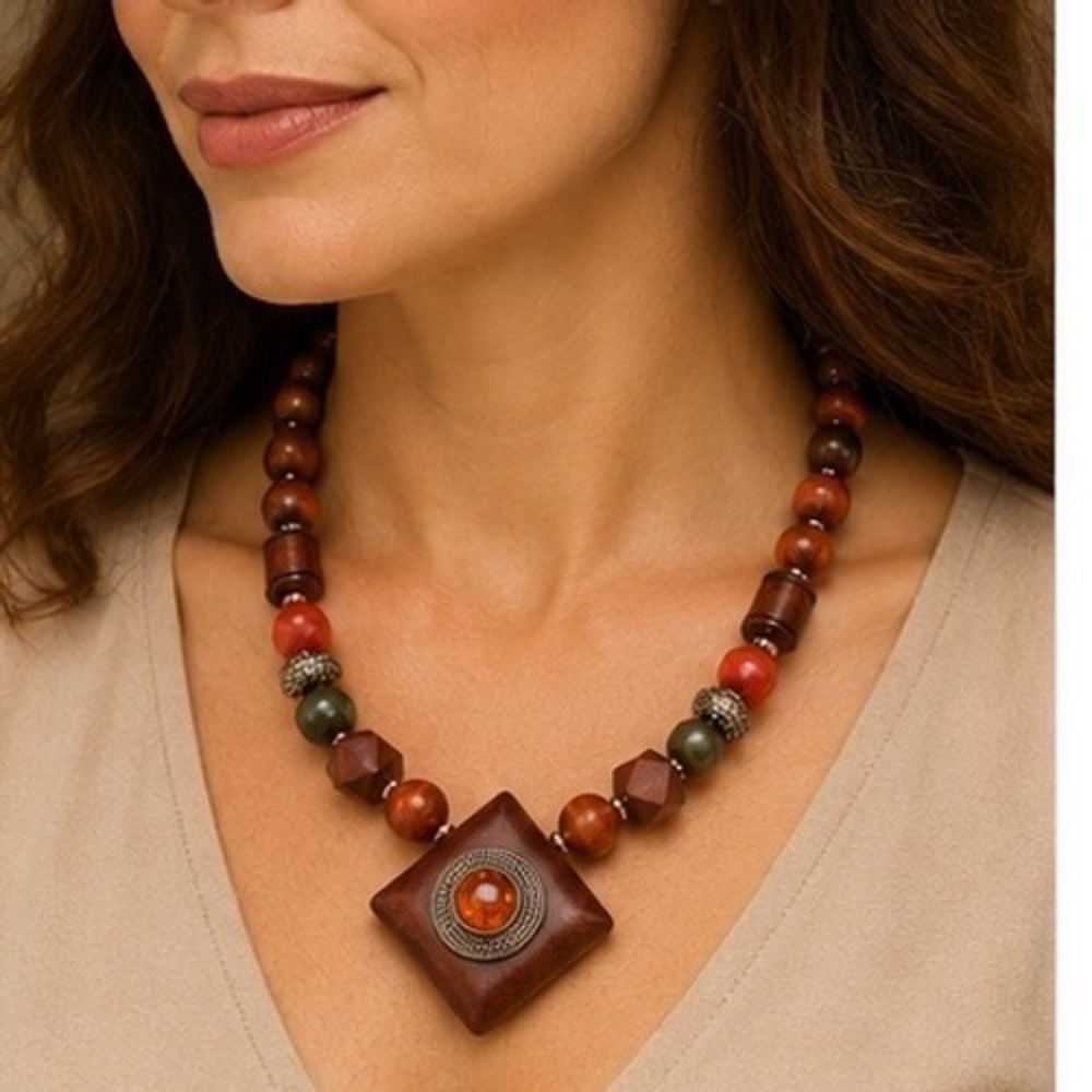 Bohemian Wood Bead Statement Necklace Square Pendant Honey Resin Bronze Tone